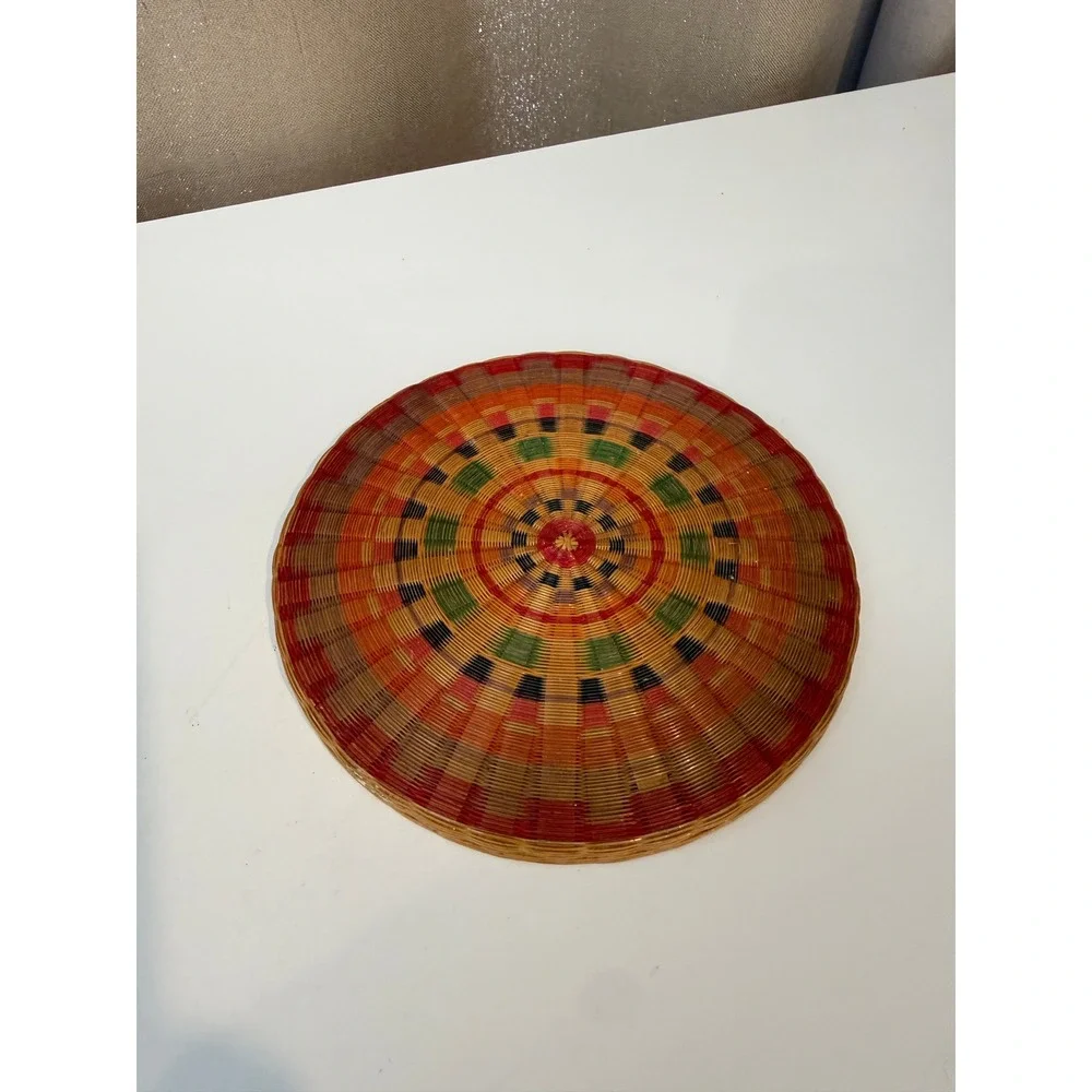 Vintage Hand Woven‎ Wicker Trivet 6 Inch Geometric Sunburst Boho Decor